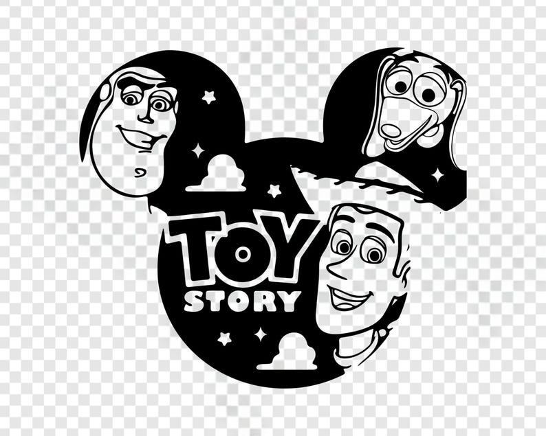 K&ouml;nnte beinhalten: Schwarz-wei&szlig;e Grafik des Toy Story-Logos mit Buzz Lightyear, Woody und Bullseye. Das Logo hat die Form von Mickey Mouse-Ohren, mit den Worten "TOY STORY" in fetter Schrift.