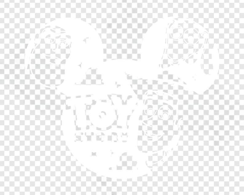 K&ouml;nnte beinhalten: Wei&szlig;er Umriss eines Mickey Mouse-Kopfes mit den Worten "TOY STORY" in der Mitte. Das Design enth&auml;lt Bilder von Charakteren aus dem Film Toy Story.