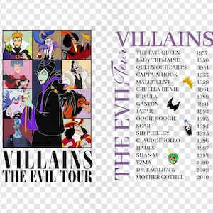 Op de afbeelding: Een afbeelding met Disney-schurken, waaronder Maleficent, Ursula en Cruella de Vil. De tekst luidt "Villains The Evil Tour" met een lijst van personages en hun debuutjaren. Het ontwerp is in tinten paars, zwart en wit.