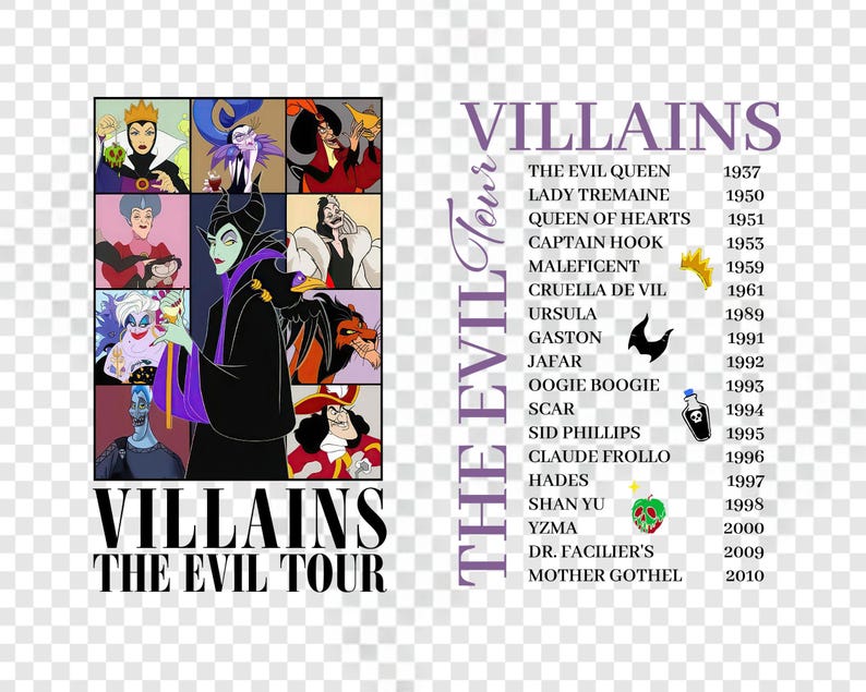 Op de afbeelding: Een afbeelding met Disney-schurken, waaronder Maleficent, Ursula en Cruella de Vil. De tekst luidt "Villains The Evil Tour" met een lijst van personages en hun debuutjaren. Het ontwerp is in tinten paars, zwart en wit.