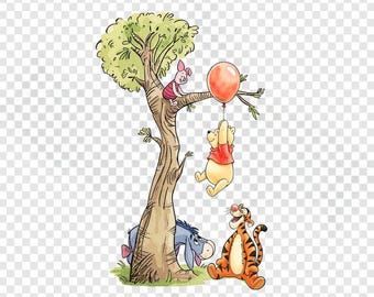 Winnie Pooh-ballonboom PNG, schattige beer Knorretje Teigetje Iejoor clipart, kinderkamer kunst aan de muur, decor kinderkamer, instant download png, Poeh beer png