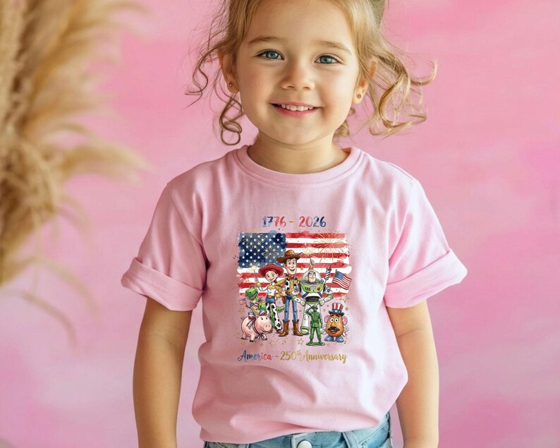May include: A light pink t-shirt featuring a graphic of the American flag and cartoon characters. The shirt has the text "1776-2026" and "America - 250th Anniversary". The shirt is being worn by a young child.