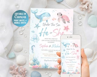Conjunto de invitaciones para revelar el sexo del bebé bajo el mar, imprimible y plantilla para móvil en Canva.