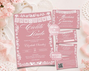 Paquete de invitación para baby shower de Cielito Lindo, plantilla Canva de Papel Picado rosa, invitación y 4 tarjetas