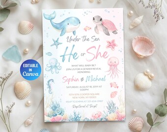Invitación para revelar el sexo del bebé con temática submarina, invitación para revelar si es niño o niña, plantilla editable de Canva.
