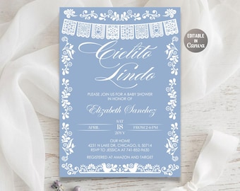 Invitación para baby shower de Cielito Lindo, invitación con temática mexicana en azul empolvado, plantilla editable de Canva.