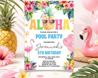Invitación a fiesta en la piscina Aloha, plantilla de Canva para cumpleaños con flamencos tropicales