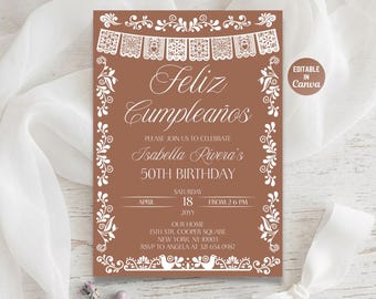 Feliz Cumpleaños Invitación al 50 cumpleaños, plantilla de Canva de Papel Picado de terracota