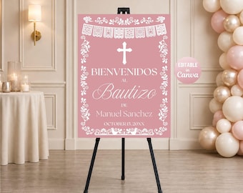 Cartel de bienvenida de Cielito Lindo Bautizo, plantilla Canva de Papel Picado de Talavera rosa rubor