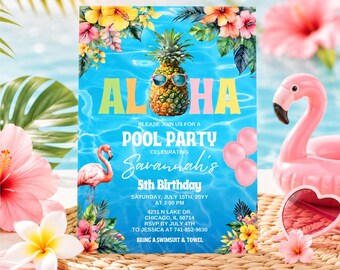 Invitación de cumpleaños con fiesta en la piscina estilo hawaiano, plantilla de Canva con flamencos tropicales y piñas.