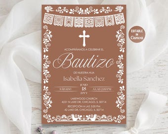 Invitación Cielito Lindo Bautizo, Plantilla Canva de Bautismo de Terracota Talavera Papel Picado