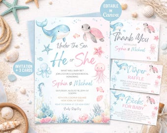 Paquete de invitaciones para revelar el sexo del bebé bajo el mar, plantilla editable de Canva con temática oceánica para niño o niña.