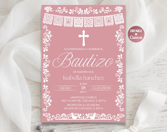 Invitación Cielito Lindo Bautizo, Plantilla Canva de Bautismo de Papel Picado de Talavera Rosa