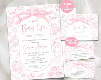 Paquete de invitaciones para baby shower con estampado Toile rosa, plantilla de Canva con lazo coqueto, invitación y 3 tarjetas.