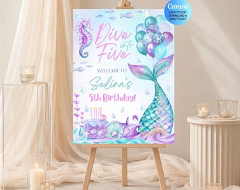 Letrero de bienvenida para fiesta de cumpleaños "Sumérgete en cinco", temática de sirenas, plantilla de póster editable en Canva.