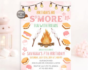 スモアーズ誕生日招待状、キャンプファイヤーパーティー、ピンクのCanvaテンプレート