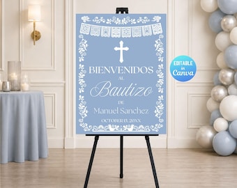 Cartel de bienvenida de Cielito Lindo Bautizo, plantilla Canva de Papel Picado de Talavera azul