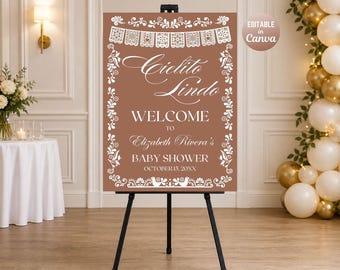 Cartel de bienvenida para baby shower de Cielito Lindo, imprimible editable en Canva, plantilla color terracota.