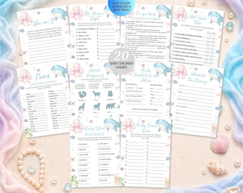 Paquete de 20 juegos para baby shower con temática marina, fiesta temática del océano, plantilla editable de Canva.