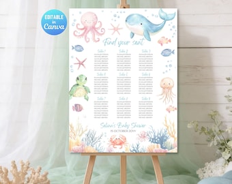 Plano de asientos para baby shower con temática submarina, nos vemos pronto. Encuentra tu asiento. Plantilla de Canva.