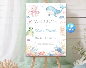 Letrero de bienvenida para baby shower "Nos vemos pronto", plantilla editable de Canva "Bajo el mar"