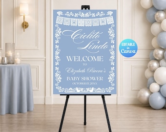 Cartel de bienvenida para baby shower de Cielito Lindo, imprimible editable en Canva, plantilla azul empolvado.