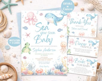 Paquete de invitaciones para baby shower "Nos vemos pronto", invitación con temática oceánica, plantilla editable de Canva.
