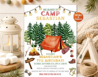 Invitación de cumpleaños con temática de acampada, plantilla editable de Canva, invitación para fiesta infantil de acampada.