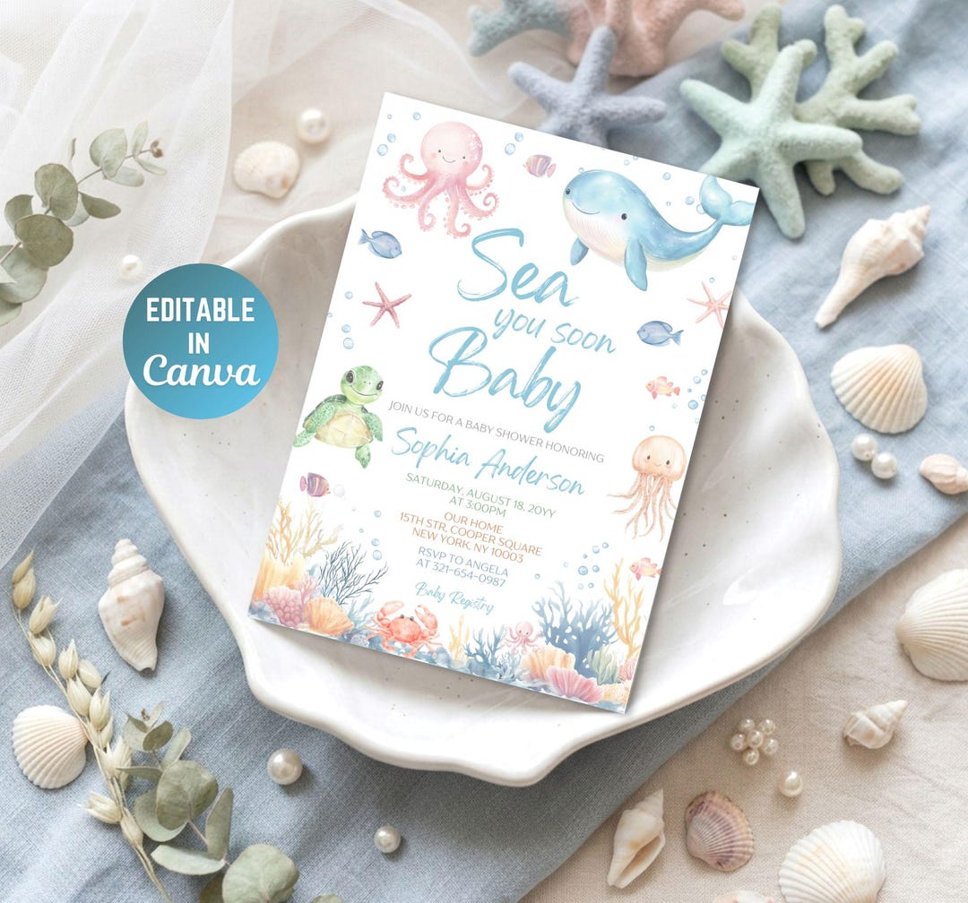 Sea You Soon Baby Shower Invitation, Under the Sea Editable Canva ...