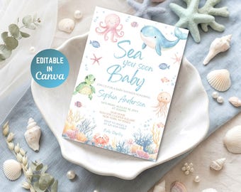 Invitación para baby shower "Sea You Soon", plantilla editable de Canva "Bajo el mar"