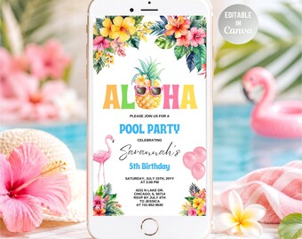Invitación móvil para fiesta en la piscina Aloha para smartphone, plantilla Canva de flamencos tropicales