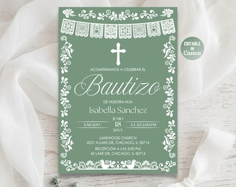 Invitación Cielito Lindo Bautizo, Plantilla Canva de Bautismo de Talavera Papel Picado Verde Salvia