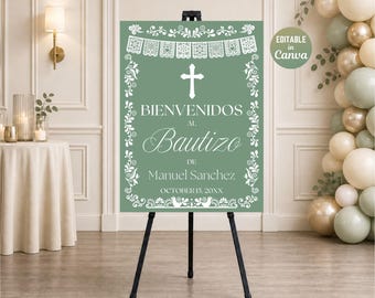 Cartel de bienvenida de Cielito Lindo Bautizo, plantilla Canva de Papel Picado de Talavera verde salvia
