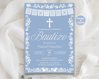 Invitación Cielito Lindo Bautizo, Plantilla Canva de Bautismo de Papel Picado de Talavera Azul Polvoriento