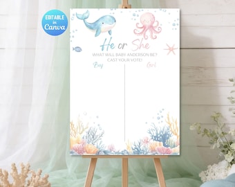 Póster de votación para revelar el sexo del bebé bajo el mar, letrero "Él o ella", plantilla editable de Canva.