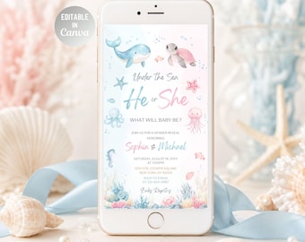 Invitación digital para revelar el sexo del bebé bajo el mar para smartphone, invitación de texto para él o ella, plantilla de Canva
