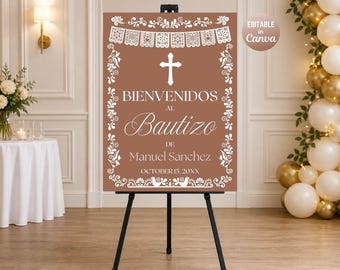 Cartel de bienvenida de Cielito Lindo Bautizo, plantilla de Canva de papel picado de Talavera de terracota