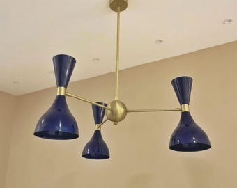 Mid Century Modern Stilnovo Style Chandelier – 3 Arm Diabolo Pendant Light, Brass Ceiling Fixture for Dining, Bedroom & Living