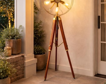 Lámpara de pie industrial con trípode, de acero, 5 bombillas, estilo vintage, sobre soporte de trípode de madera, iluminación moderna para la decoración del hogar, ideal para sala de estar y dormitorio.