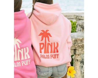 Pink Palm Puff Classic Hoodie - Cotton Blend Embroidered Sweatshirt - Girls Beach Hoodie