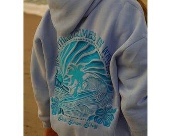 Sudadera con capucha bordada Pink Palm Puff - Todo viene en olas - Regalo de cumpleaños para ella
