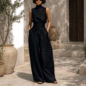 May include: A sleeveless black jumpsuit with a high neckline and wide-leg pants. The outfit features a fitted waist and is made of a flowing fabric. The model is wearing sunglasses and sandals. The background includes a stone wall, steps, and large pottery.