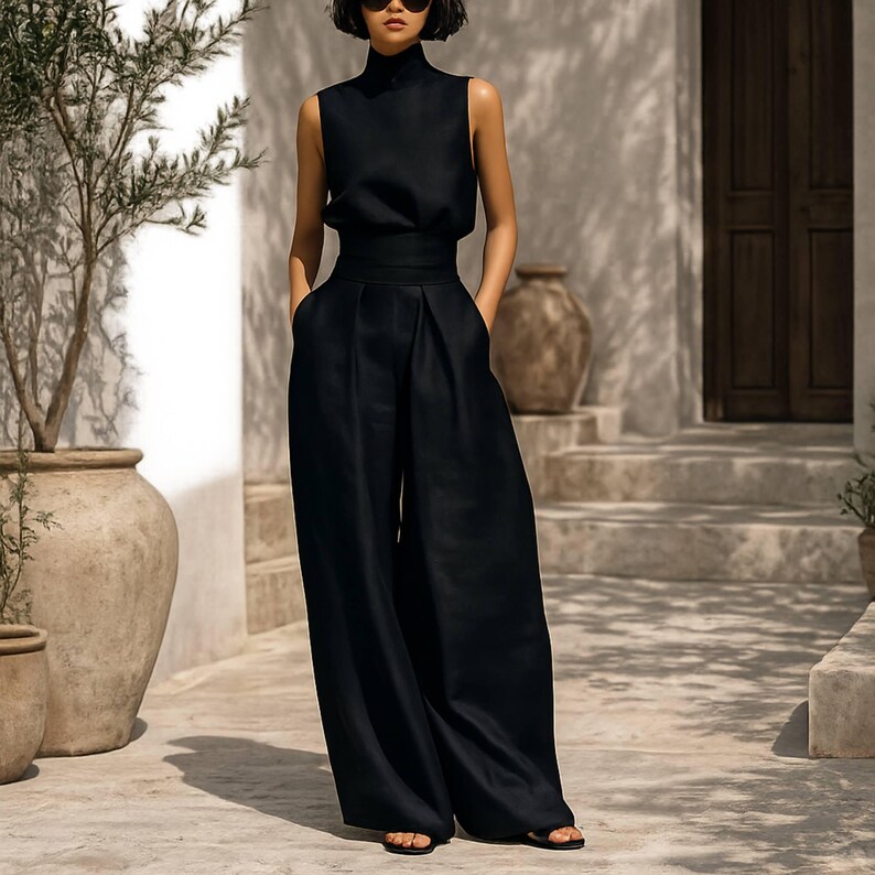 May include: A sleeveless black jumpsuit with a high neckline and wide-leg pants. The outfit features a fitted waist and is made of a flowing fabric. The model is wearing sunglasses and sandals. The background includes a stone wall, steps, and large pottery.