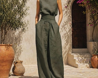 Mono de algodón y lino para mujer, pantalón de pierna ancha, top sin mangas, conjunto casual de verano de cintura alta.
