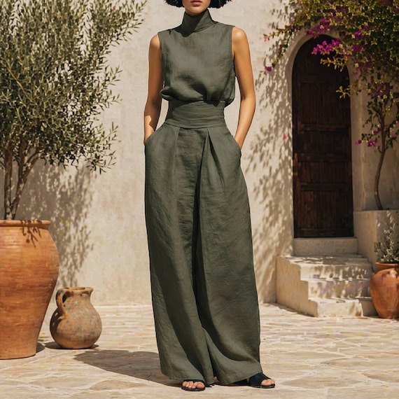Women Cotton Linen Jumpsuit, Wide Leg Pants Sleeveless Top, High Waist Casual Summer Outfit