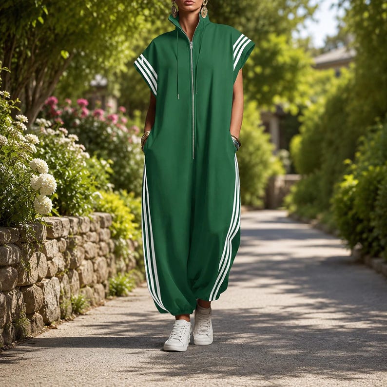 Puede incluir: Mono verde con rayas blancas en los laterales y las mangas. Tiene una cremallera frontal y bolsillos. La persona lleva zapatillas blancas. El fondo muestra un camino bordeado de &aacute;rboles.