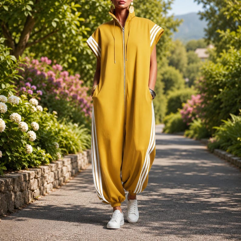 Puede incluir: Mono amarillo mostaza con rayas blancas en los laterales y las mangas. El mono tiene una cremallera frontal, bolsillos y se combina con zapatillas blancas. La modelo camina por un camino pavimentado rodeado de vegetaci&oacute;n.