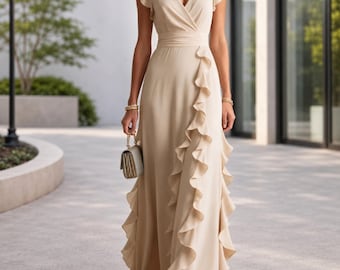 Elegante vestido largo de mujer con escote en V y volantes, ideal para fiestas, eventos formales y vacaciones.