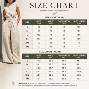 May include: A size chart for a two-piece outfit, with measurements in both centimeters and inches. The chart includes bust, waist, top length, and pants length for sizes S through 3XL. The outfit is a neutral color, with a high neckline and wide-leg pants.