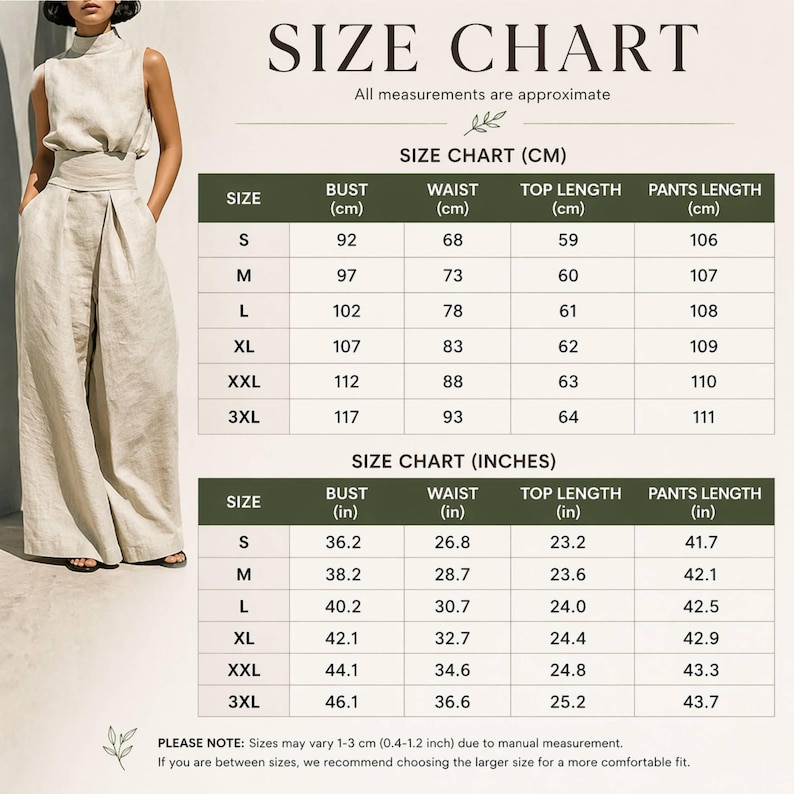May include: A size chart for a two-piece outfit, with measurements in both centimeters and inches. The chart includes bust, waist, top length, and pants length for sizes S through 3XL. The outfit is a neutral color, with a high neckline and wide-leg pants.